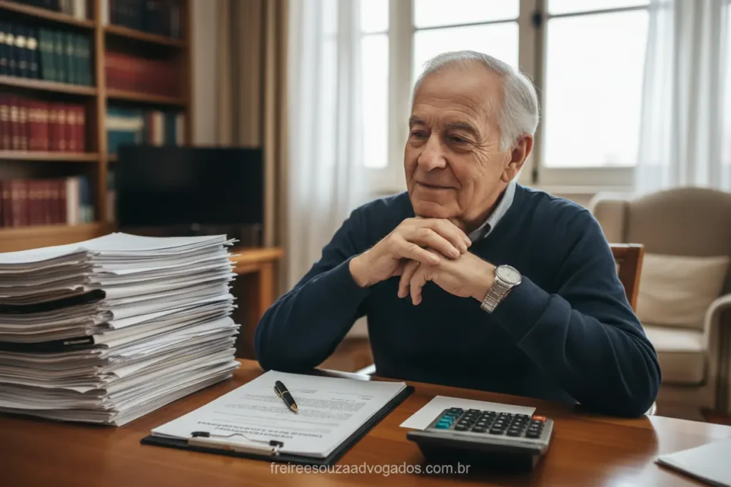Pessoa idosa revisando documentos para aposentadoria.