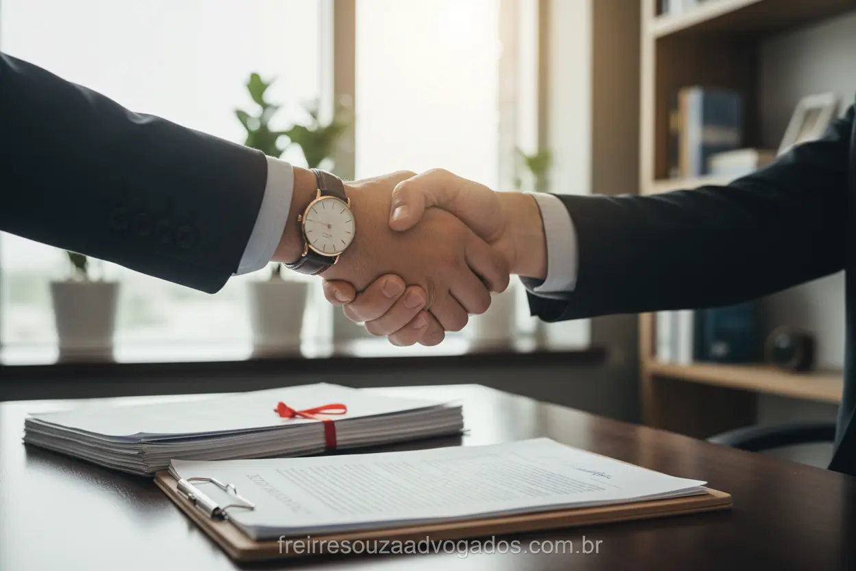 Mãos de advogado e cliente fechando acordo