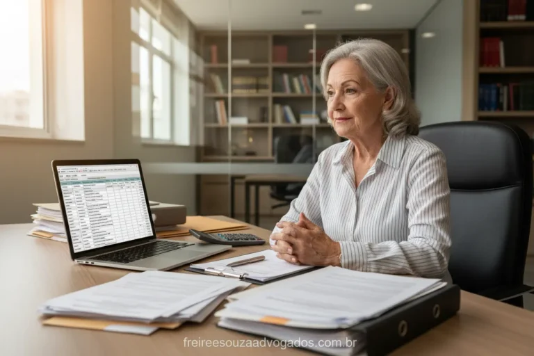Mulher idosa calculando aposentadoria INSS em frente ao computador