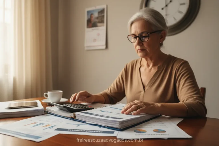 Pessoa sênior calculando aposentadoria com documentos