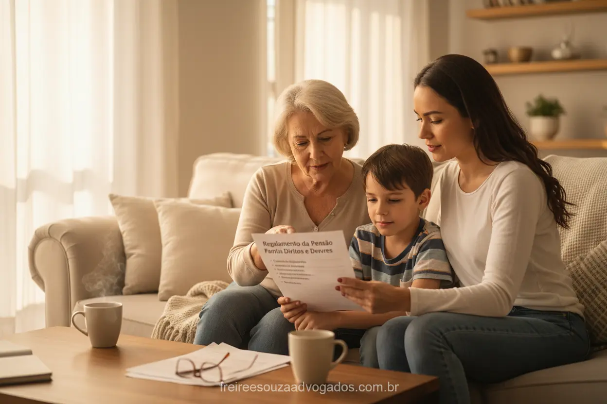Família analisando documentos sobre regras de pensão
