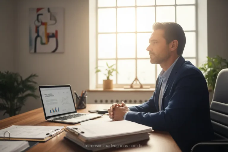 Pessoa em escritório de advocacia com documentos