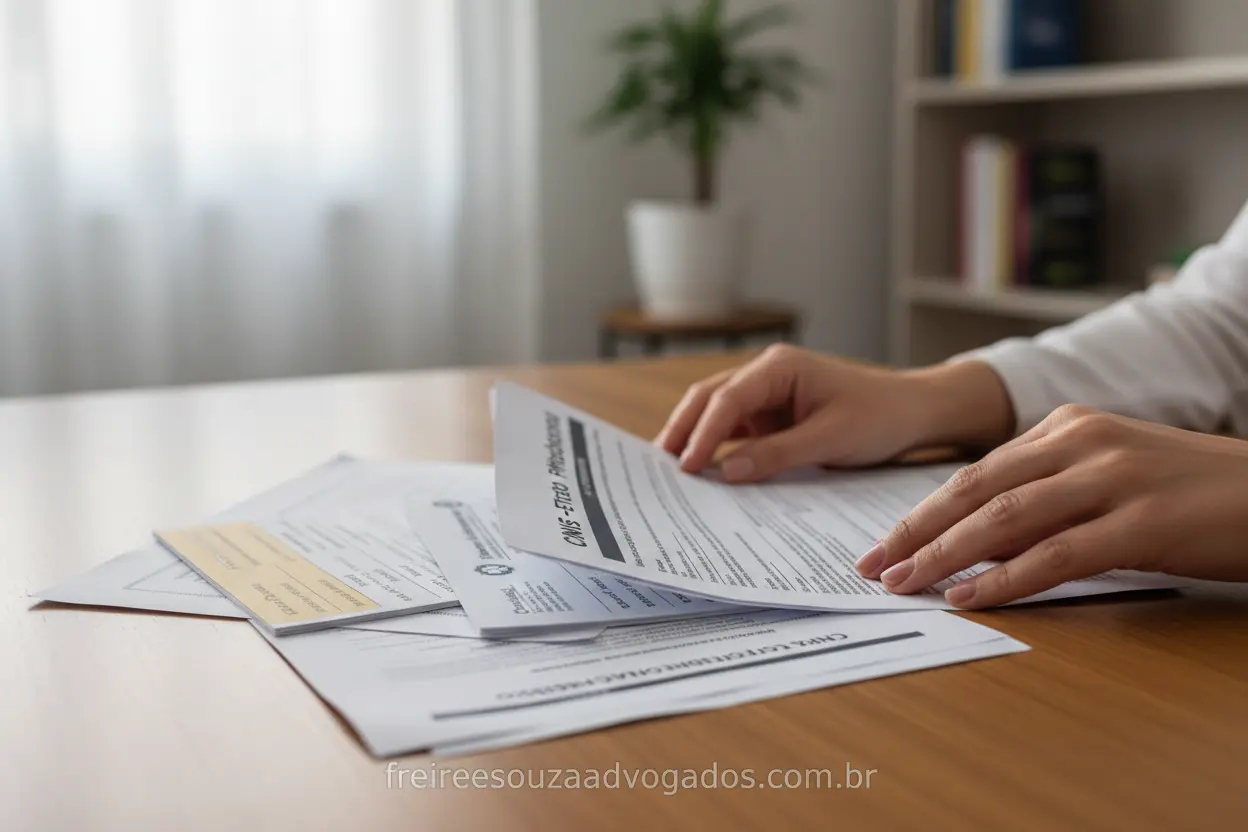 Papéis do INSS e laudos médicos sobre a mesa